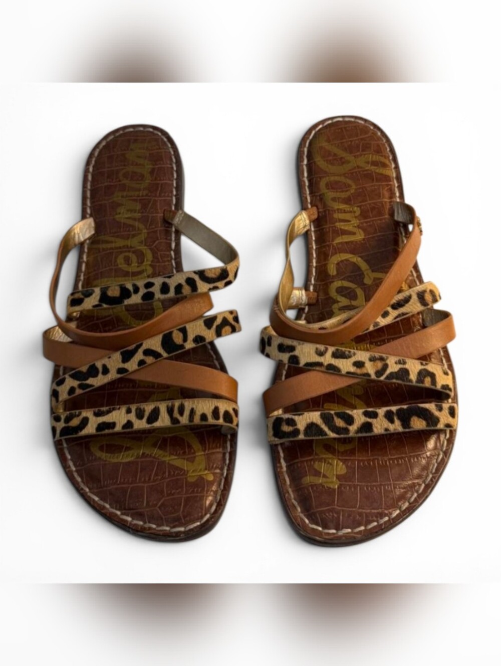 Sam Edelman Leopard Print Strappy Flat Sandals 9 Animal Slides Summer
